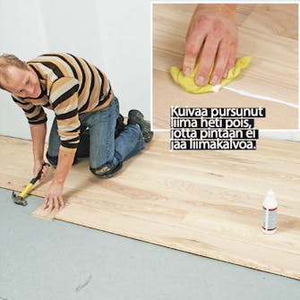 Lattialämmitys puulattiaan: Laudat kootaan yhteen parketti-liimalla Lattialämmitys puulattiaan: Laudat kootaan yhteen parketti-liimalla